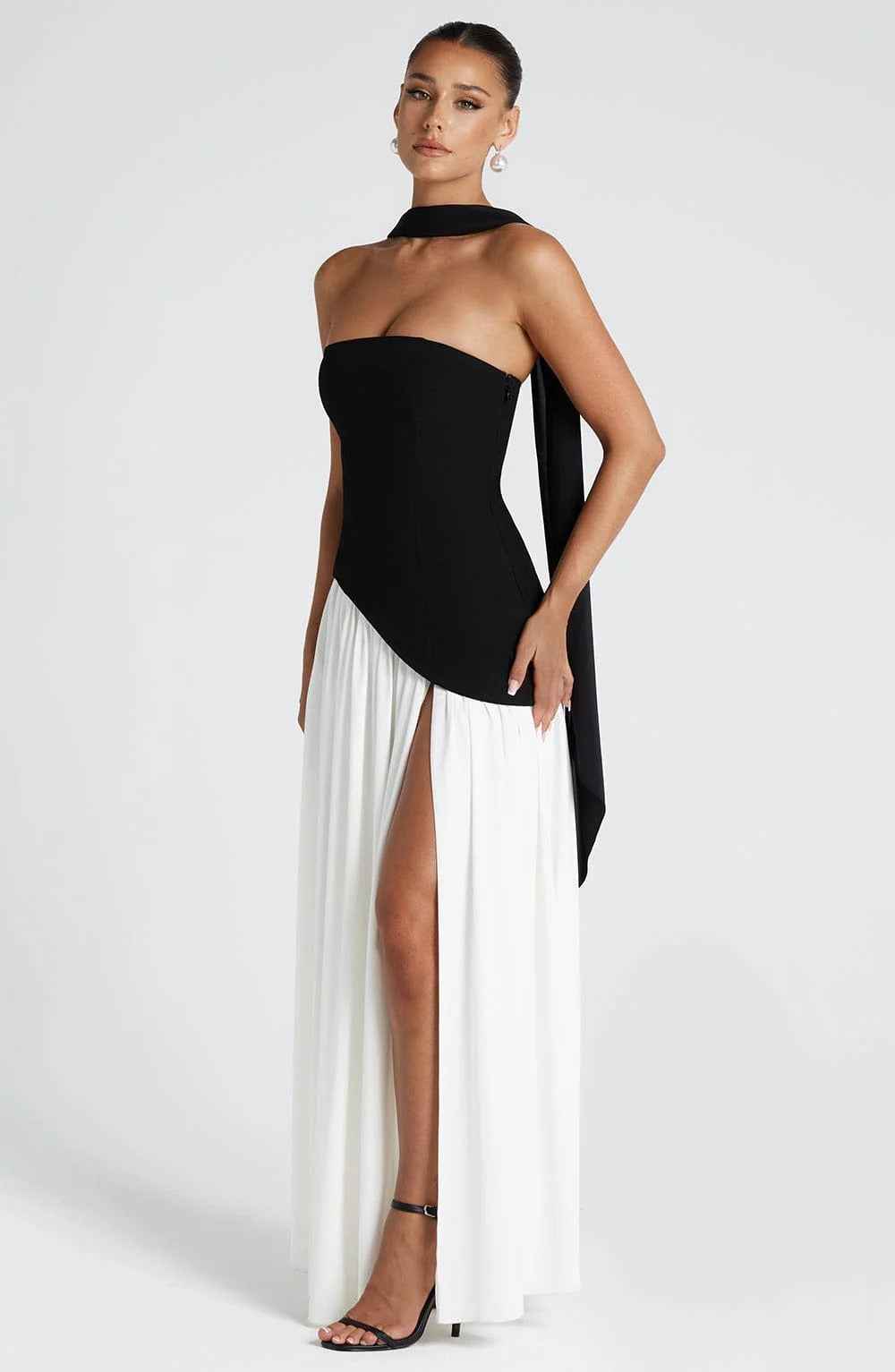Women's Strapless Maxi Wedding Guest Dress with Scarf