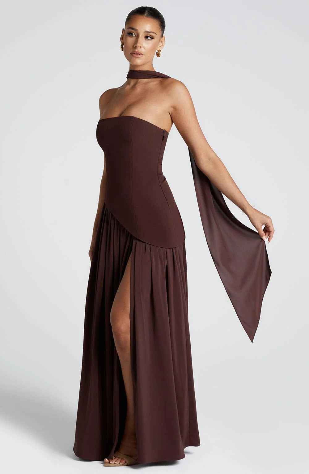 Women's Strapless Maxi Wedding Guest Dress with Scarf