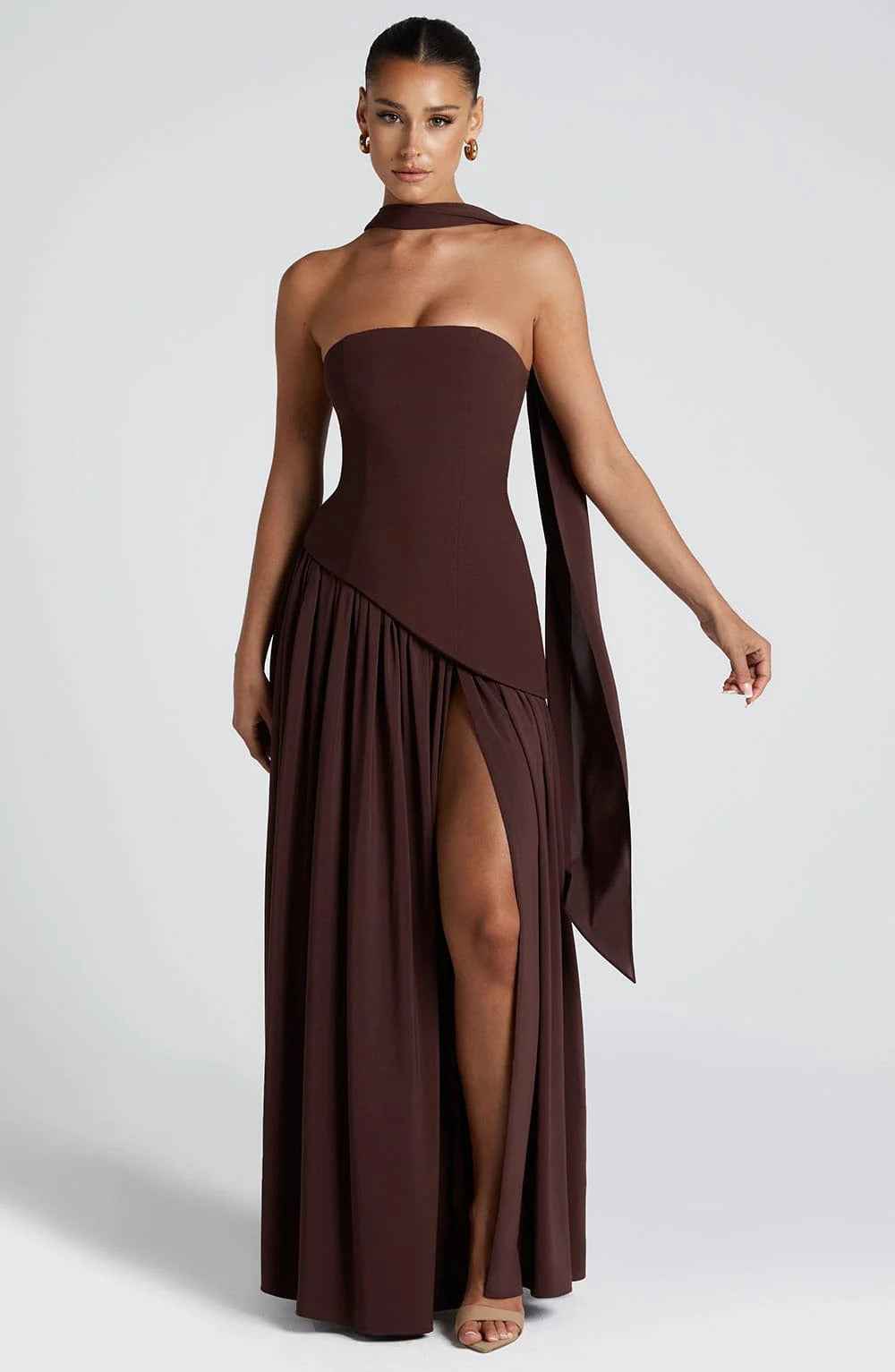 Women's Strapless Maxi Wedding Guest Dress with Scarf