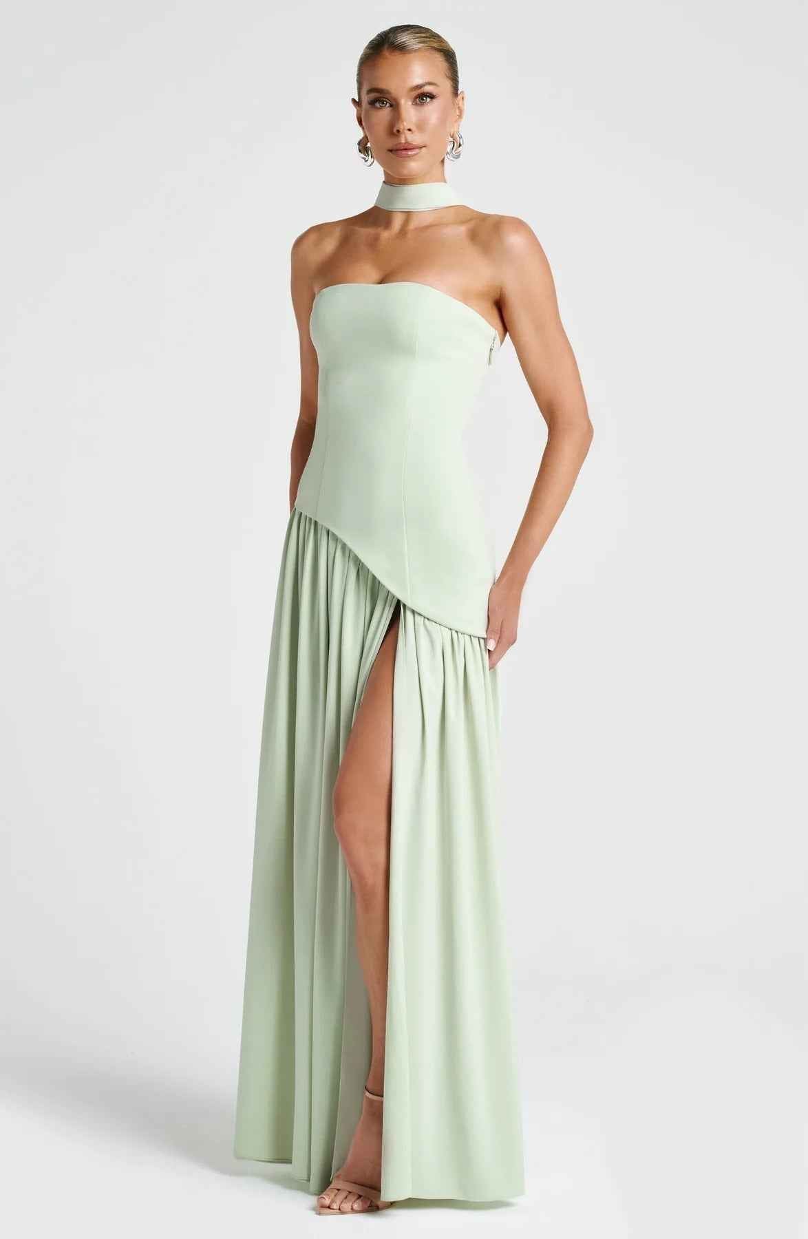 Women's Strapless Maxi Wedding Guest Dress with Scarf