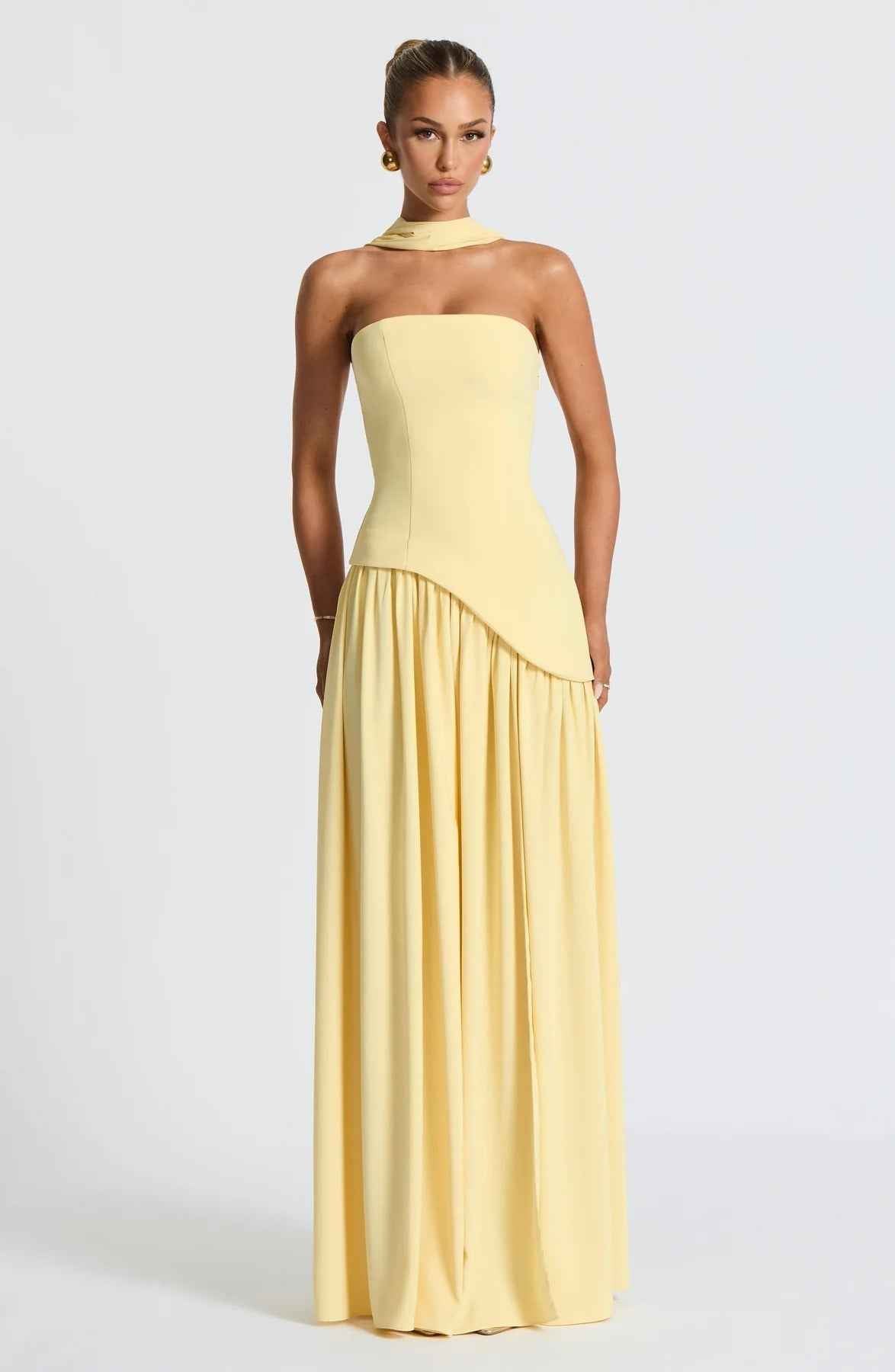 Women's Strapless Maxi Wedding Guest Dress with Scarf