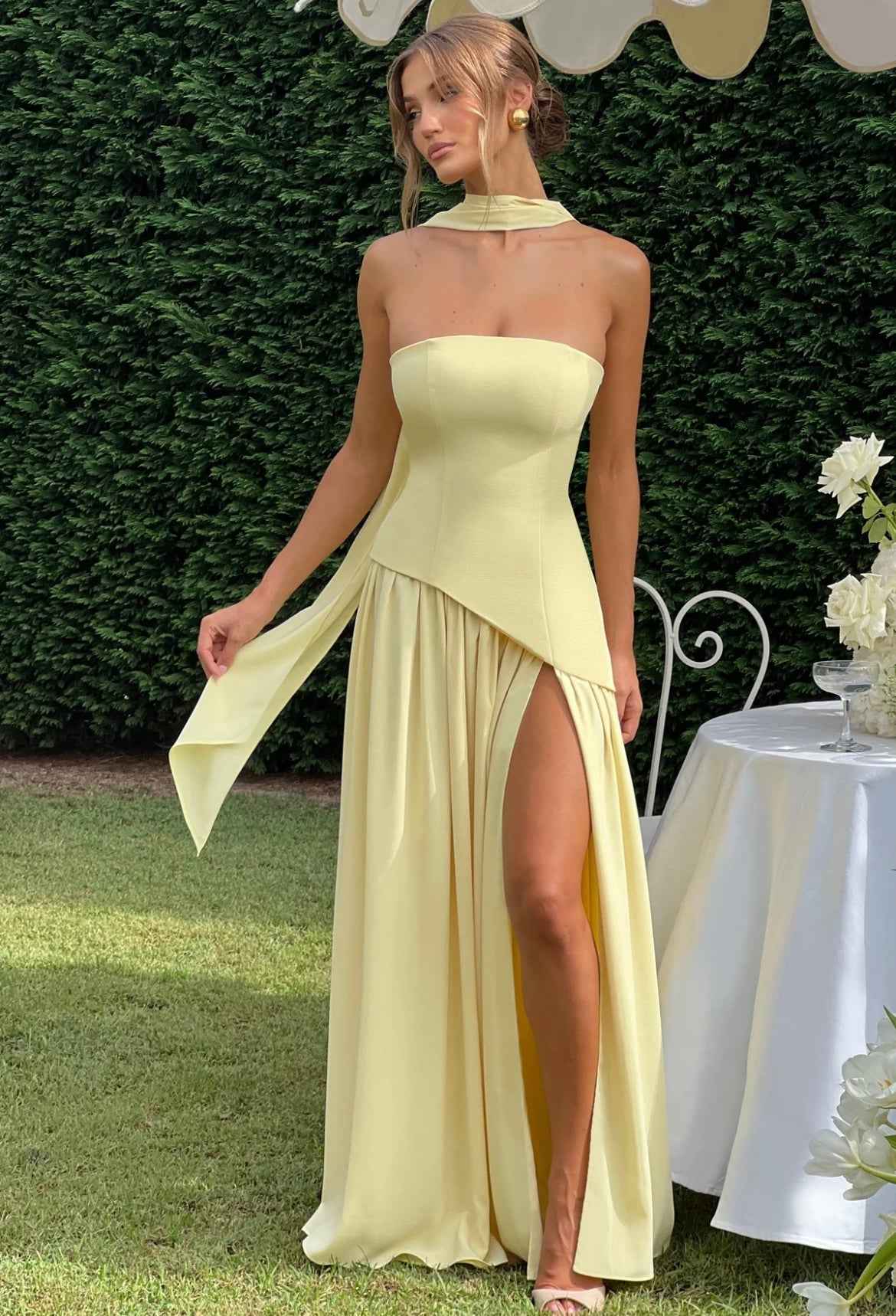 Women's Strapless Maxi Wedding Guest Dress with Scarf