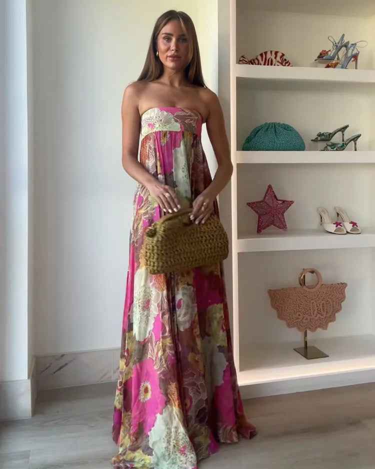 Women's Floral Strapless Maxi Summer Wedding Guest Dress