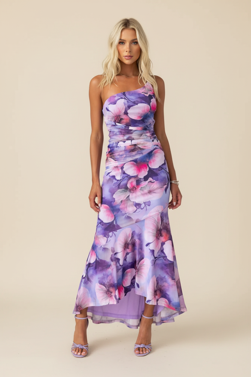 Women's One-Shoulder Floral Maxi Wedding Guest Dress