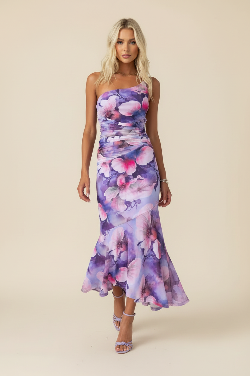 Women's One-Shoulder Floral Maxi Wedding Guest Dress