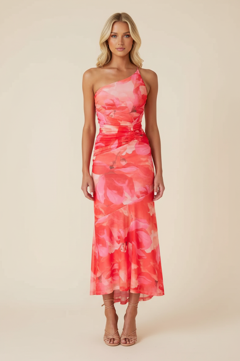 Women's One-Shoulder Floral Maxi Wedding Guest Dress