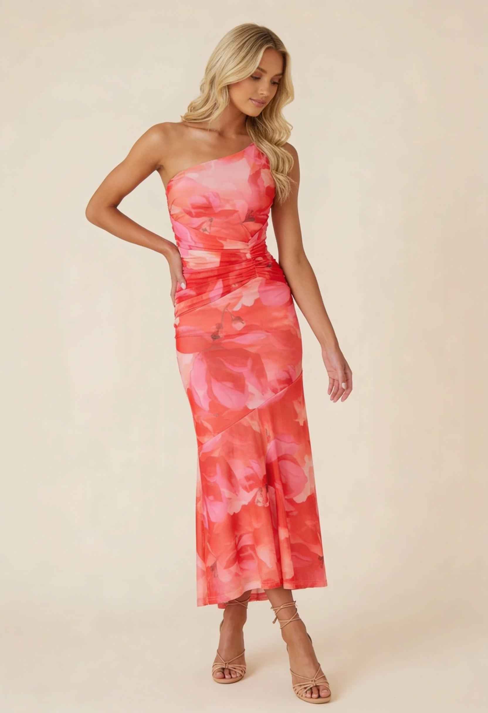 Women's One-Shoulder Floral Maxi Wedding Guest Dress