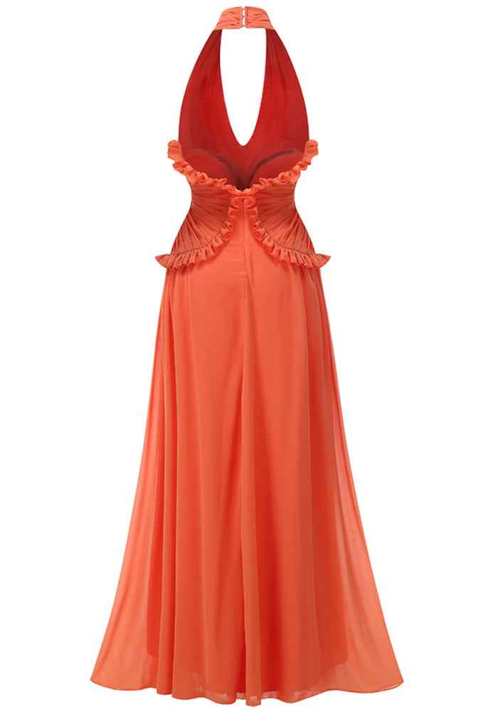 Women's Halter Ruffle A-Line Maxi Wedding Guest Dress