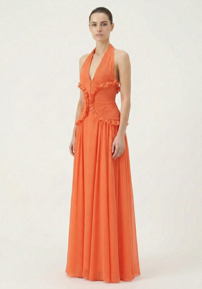 Women's Halter Ruffle A-Line Maxi Wedding Guest Dress