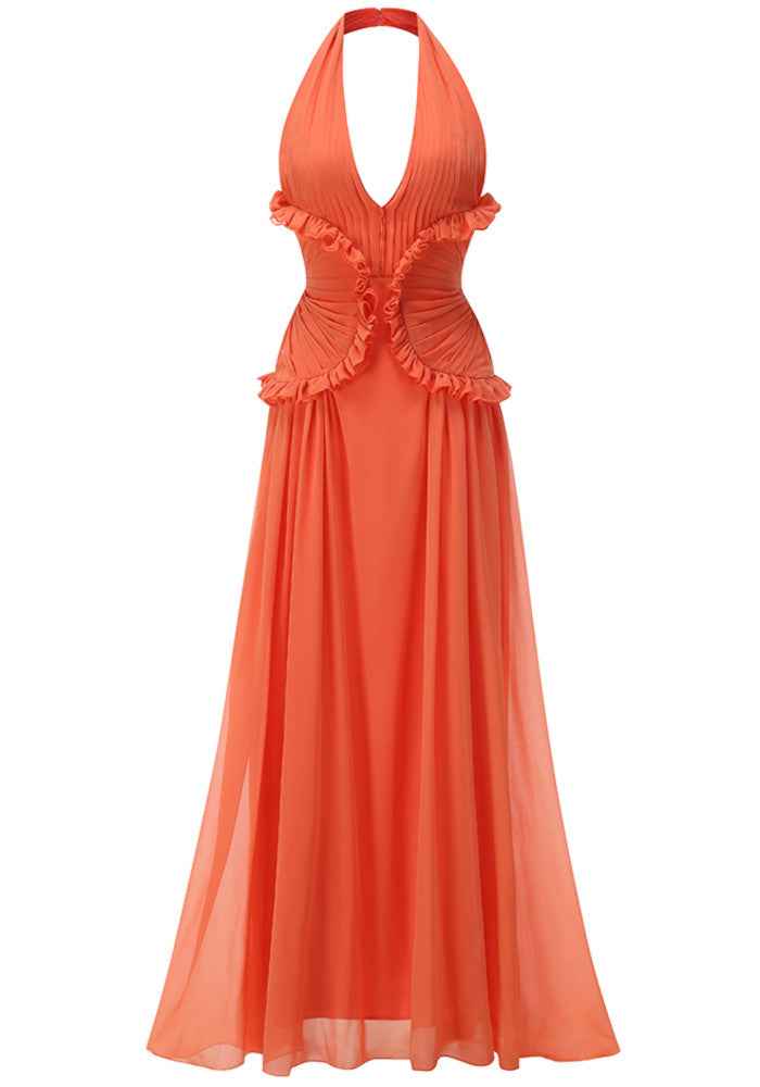 Women's Halter Ruffle A-Line Maxi Wedding Guest Dress