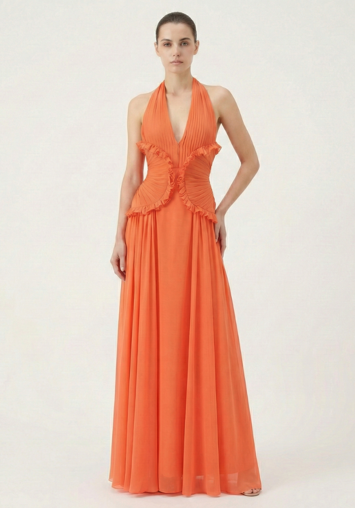 Women's Halter Ruffle A-Line Maxi Wedding Guest Dress