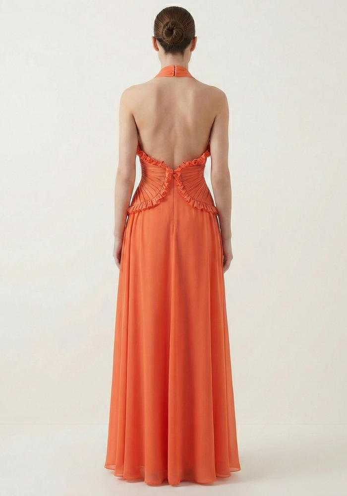 Women's Halter Ruffle A-Line Maxi Wedding Guest Dress
