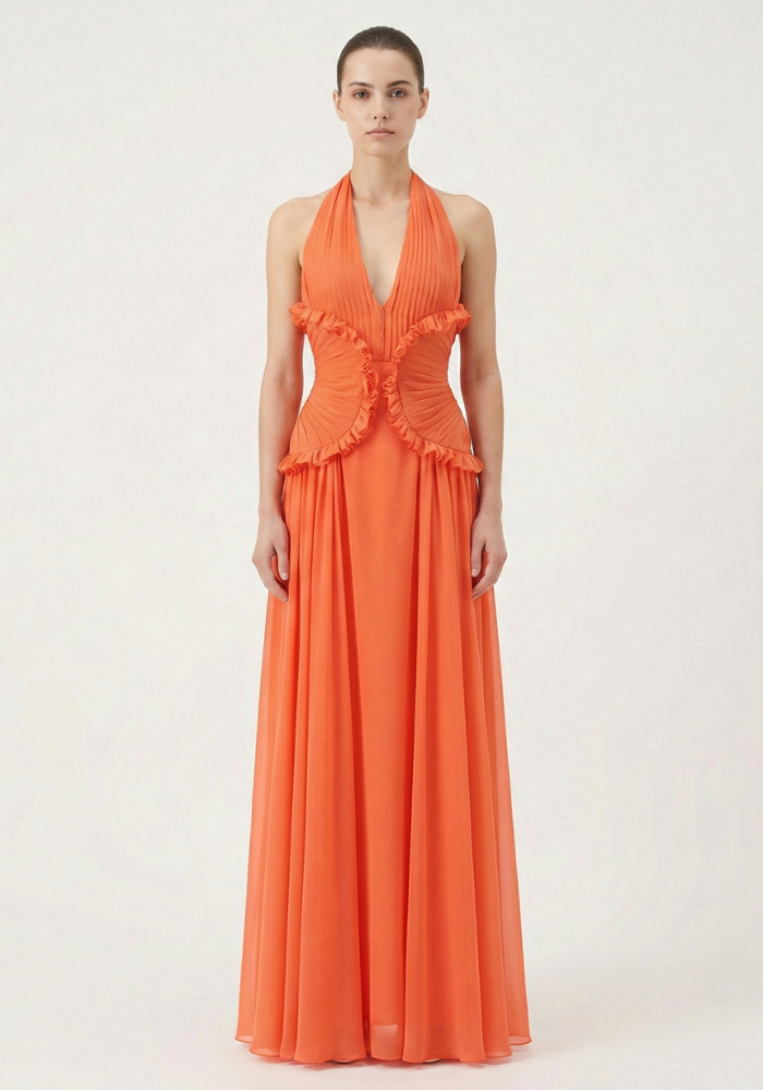 Women's Halter Ruffle A-Line Maxi Wedding Guest Dress