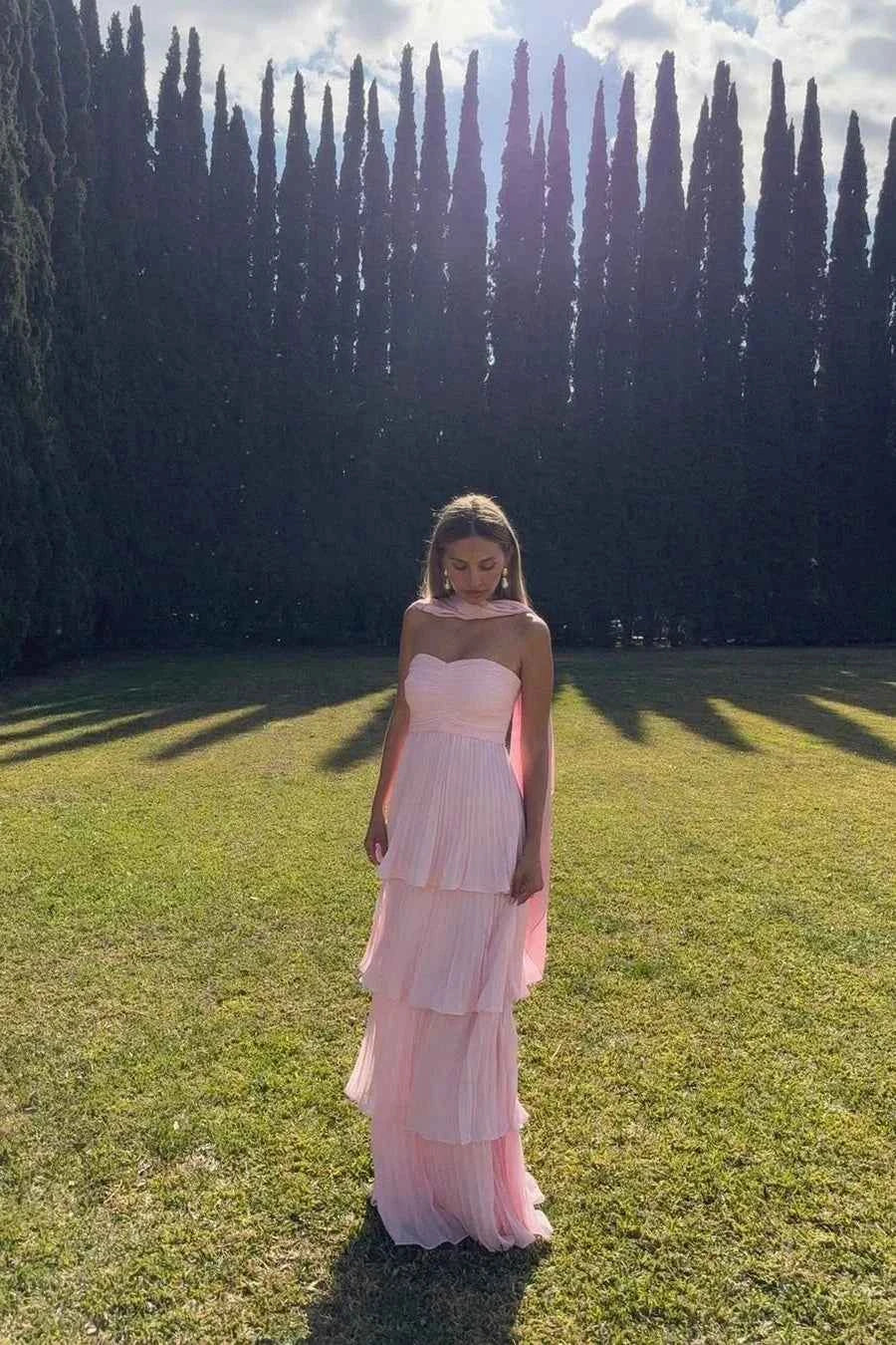 Women's Strapless Tiered Maxi Wedding Guest Dress