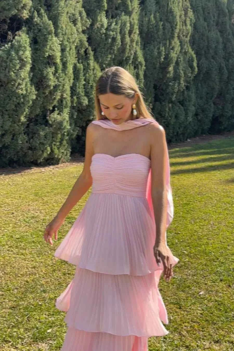 Women's Strapless Tiered Maxi Wedding Guest Dress
