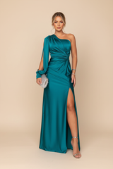 Women's One-Shoulder Slit Satin Maxi Wedding Guest Dress