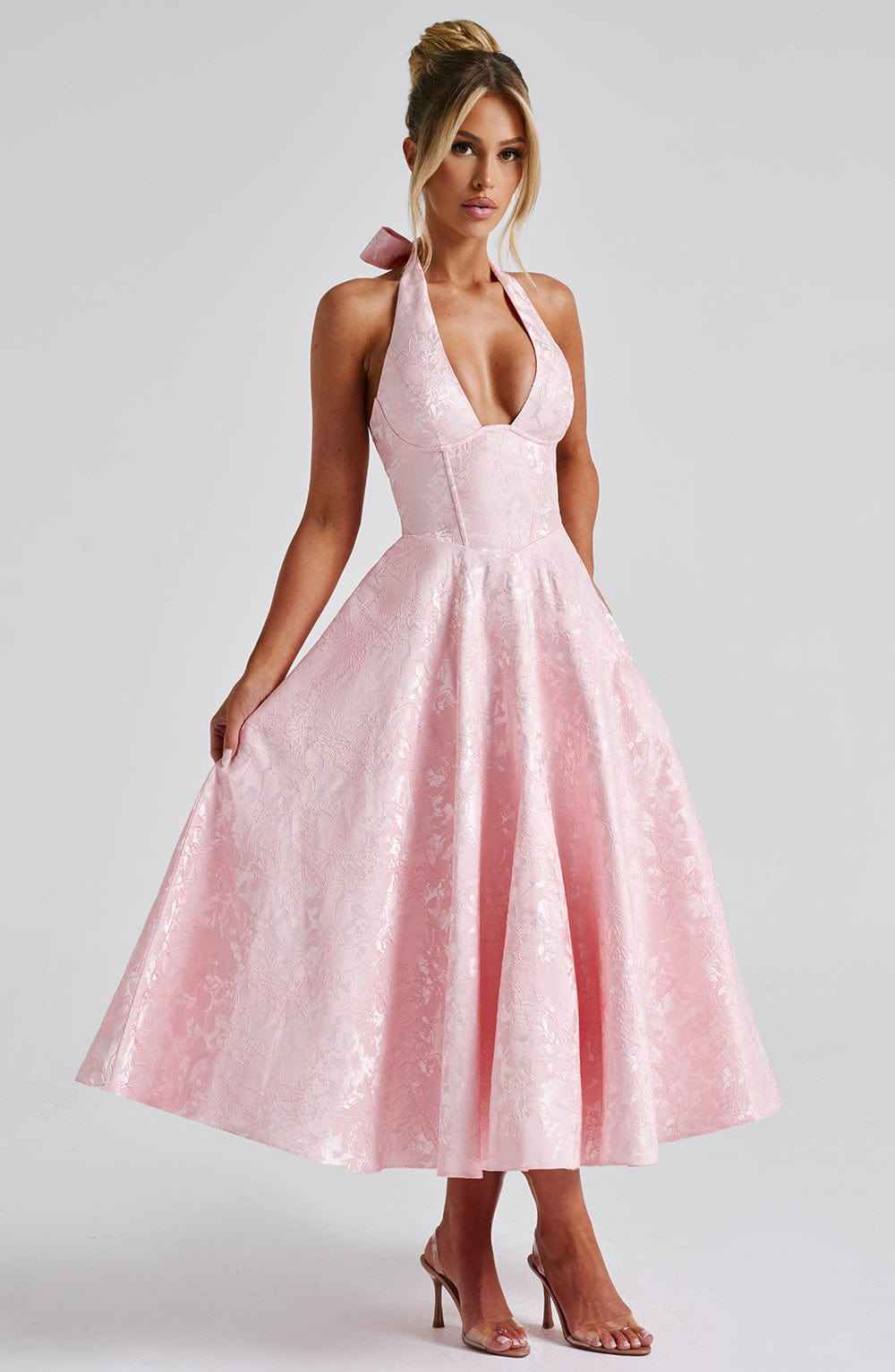 Women's Halter-Neck Midi Wedding Guest Dress
