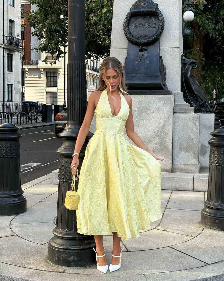 Women's Halter-Neck Midi Wedding Guest Dress