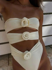 Women's Strapless Cut-Out Bikini Swimsuit with Roses