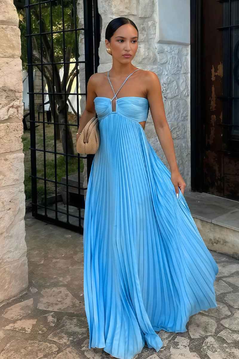 Women's Halter Pleated Maxi Prom Dress