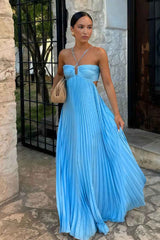 Women's Halter Pleated Maxi Prom Dress