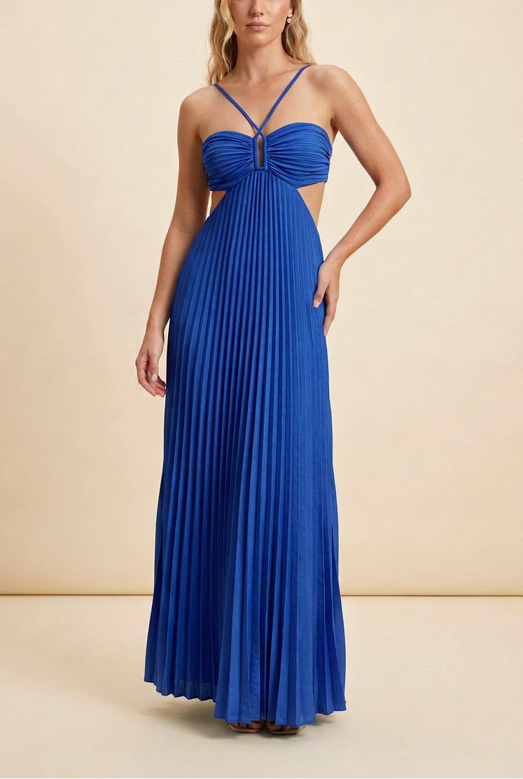 Women's Halter Pleated Maxi Prom Dress