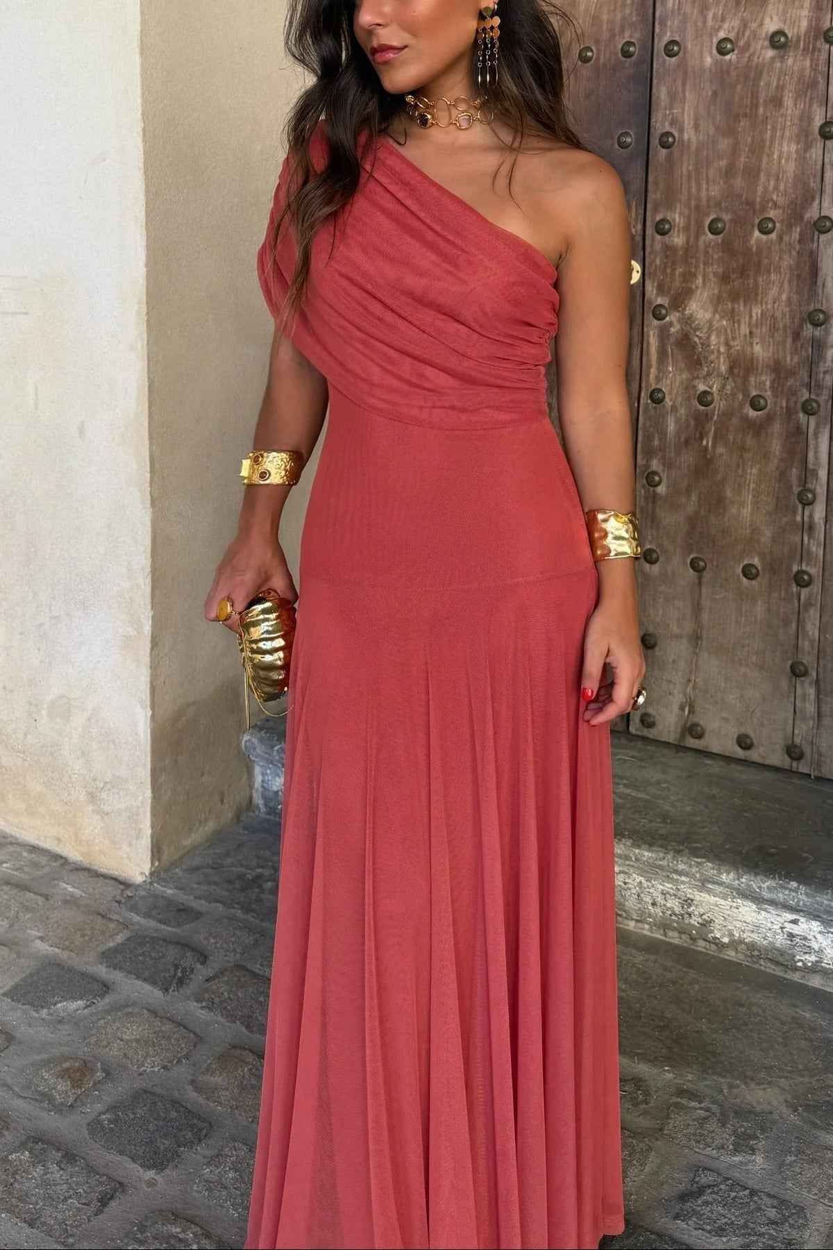 Women's One-Shoulder Mesh Maxi Summer Dress