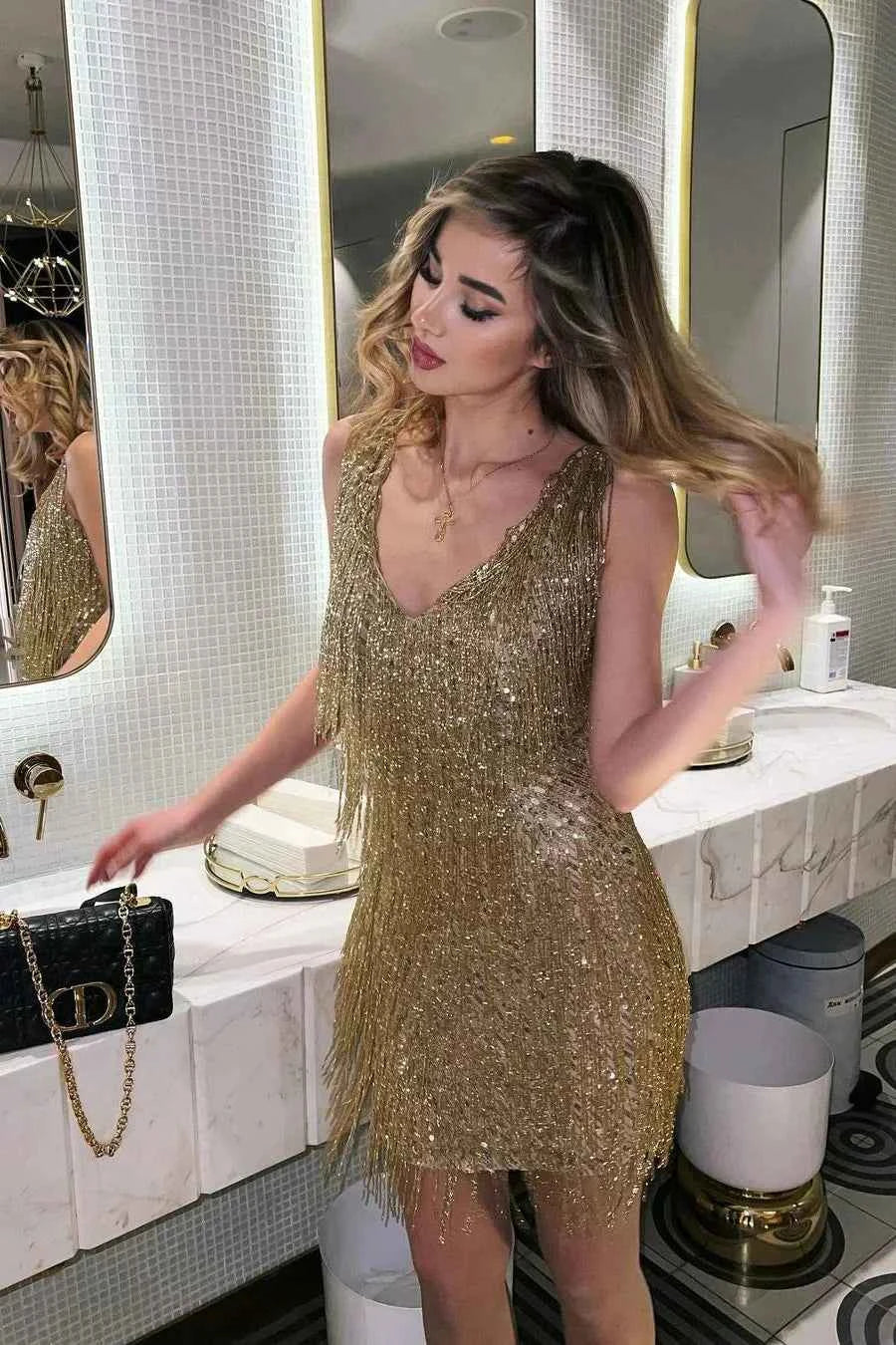 Women's Sleeveless Glitter Fringes Mini Party Dress