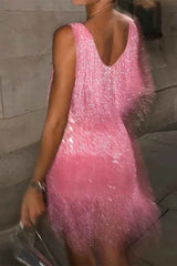 Women's Sleeveless Glitter Fringes Mini Party Dress