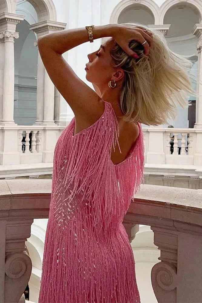 Women's Sleeveless Glitter Fringes Mini Party Dress