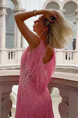 Women's Sleeveless Glitter Fringes Mini Party Dress