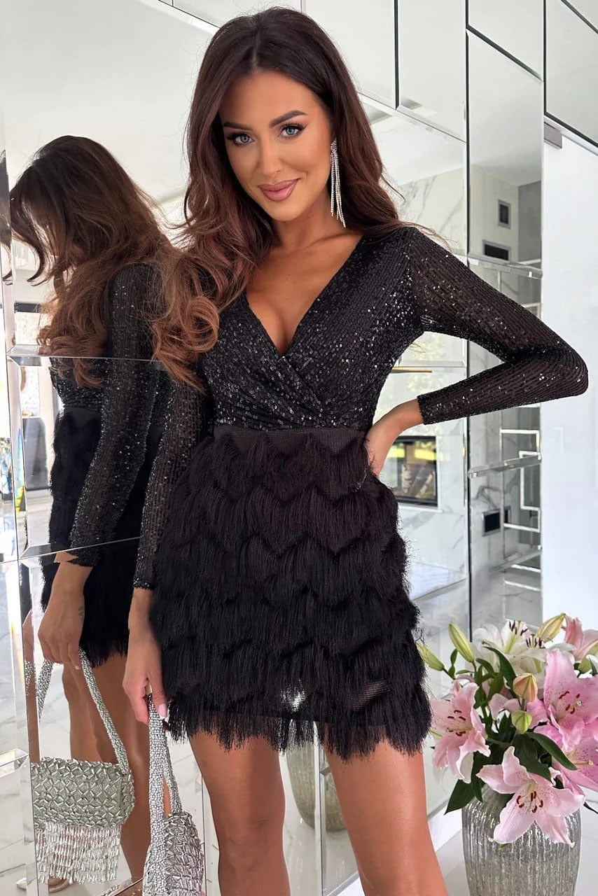 Women's Sequin Mini Party Dress with Long Sleeves