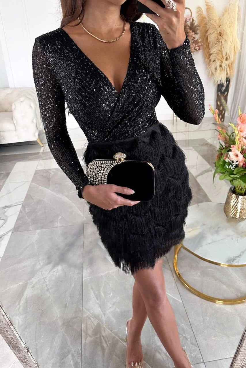 Women's Sequin Mini Party Dress with Long Sleeves