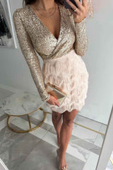 Women's Sequin Mini Party Dress with Long Sleeves