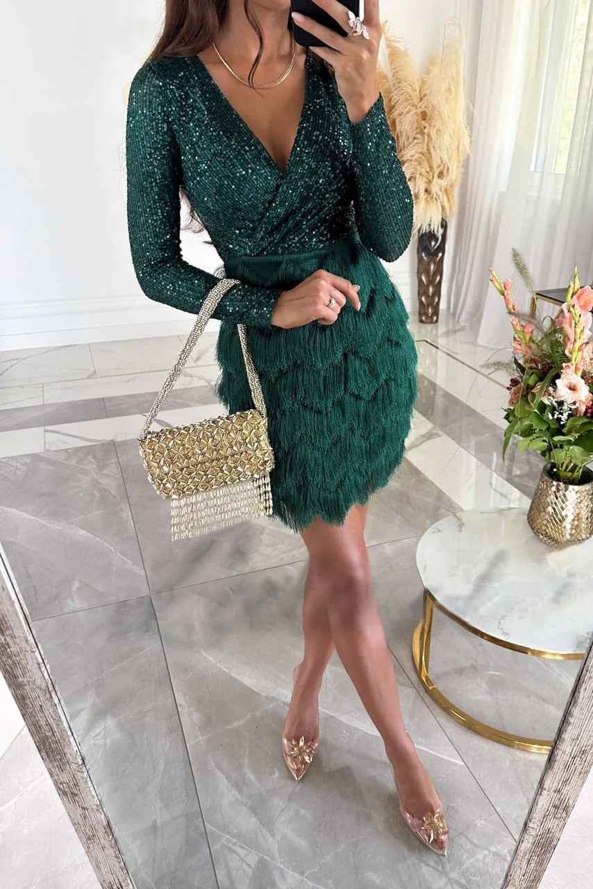 Women's Sequin Mini Party Dress with Long Sleeves