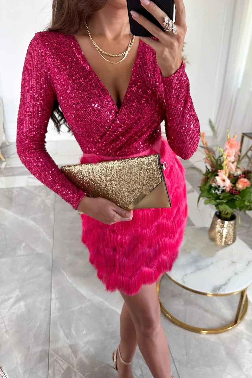 Women's Sequin Mini Party Dress with Long Sleeves