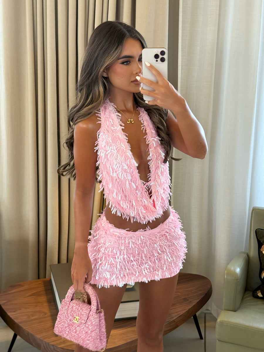 Women's Sequin Two-Piece Vacation Summer Set with Deep Neckline