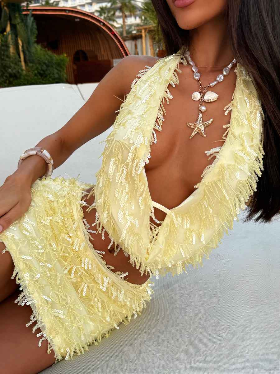 Women's Sequin Two-Piece Vacation Summer Set with Deep Neckline