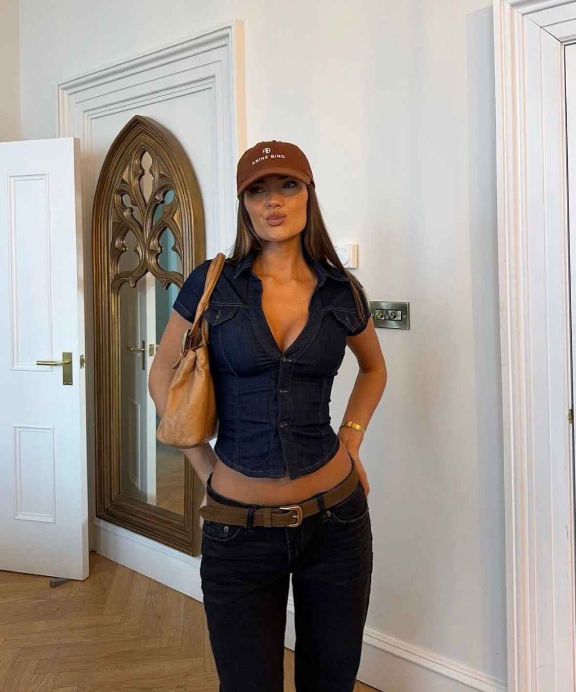 Women's Short Sleeve Denim Top with Deep V-neckline