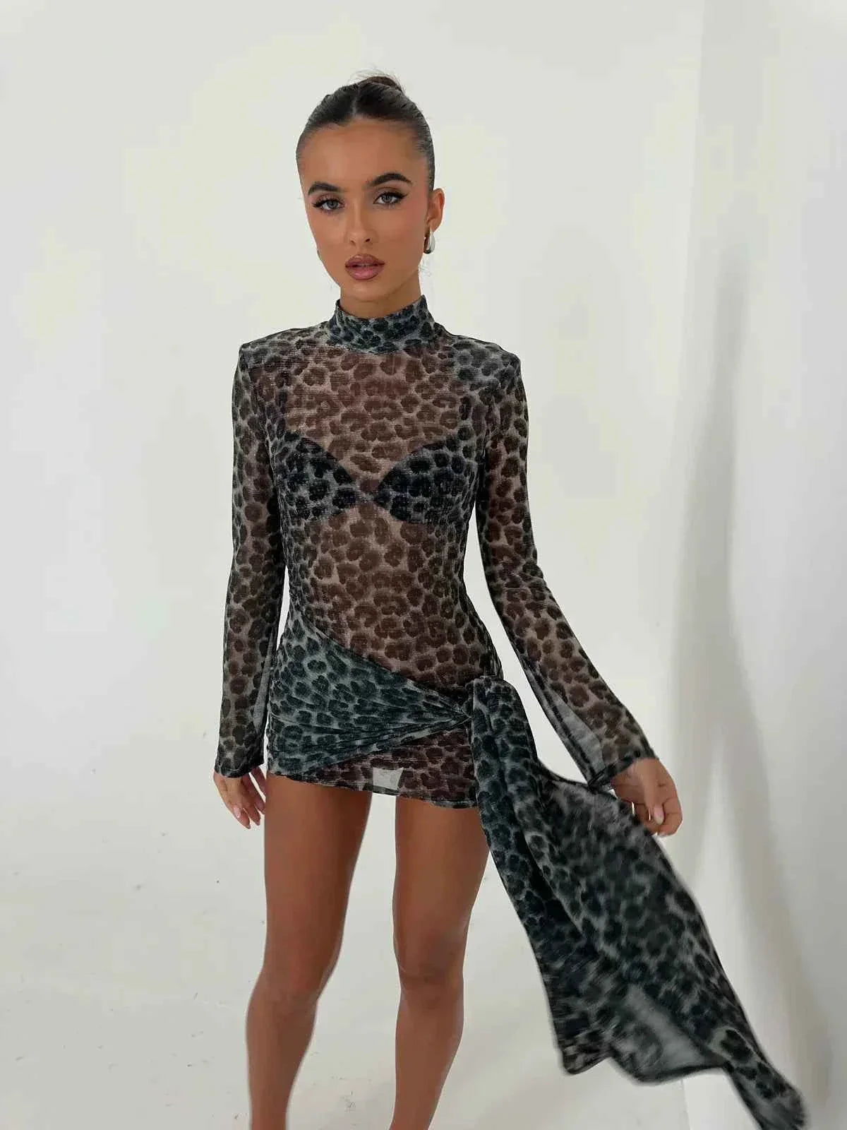 Women's Mesh Mini Party Dress with Long Sleeves