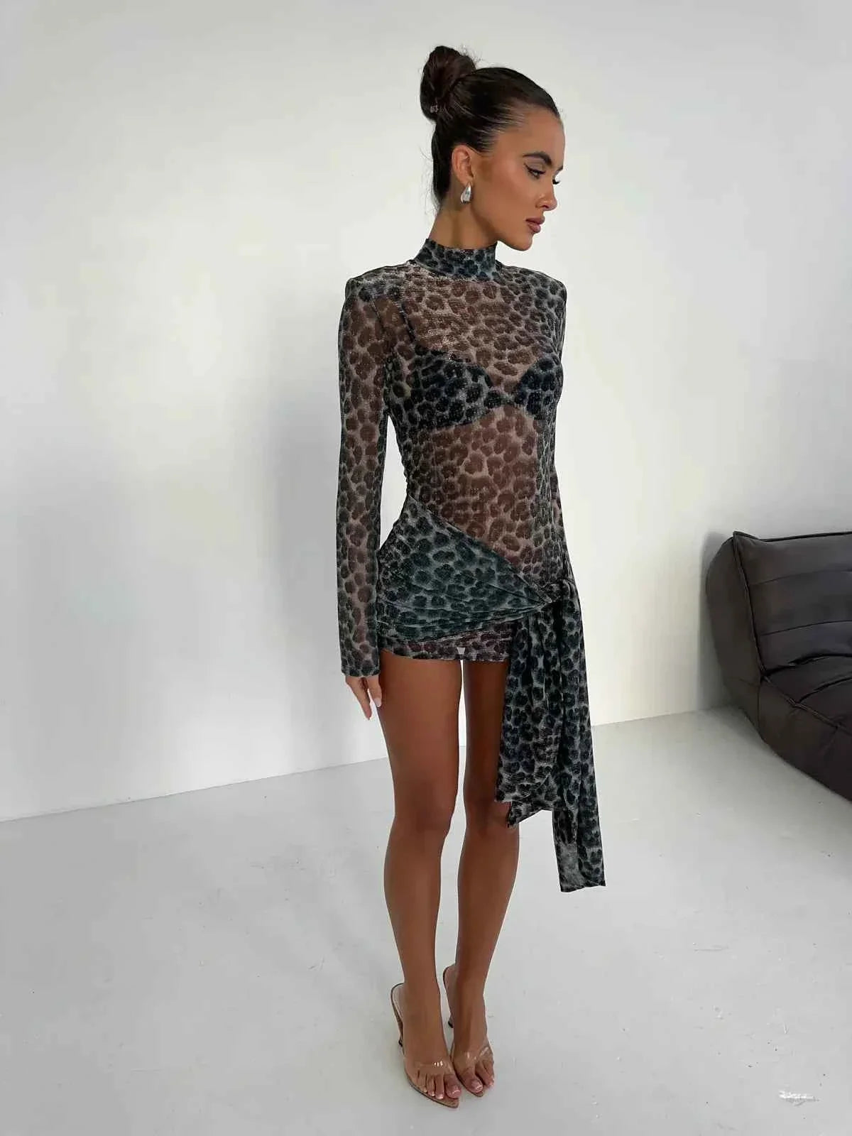 Women's Mesh Mini Party Dress with Long Sleeves