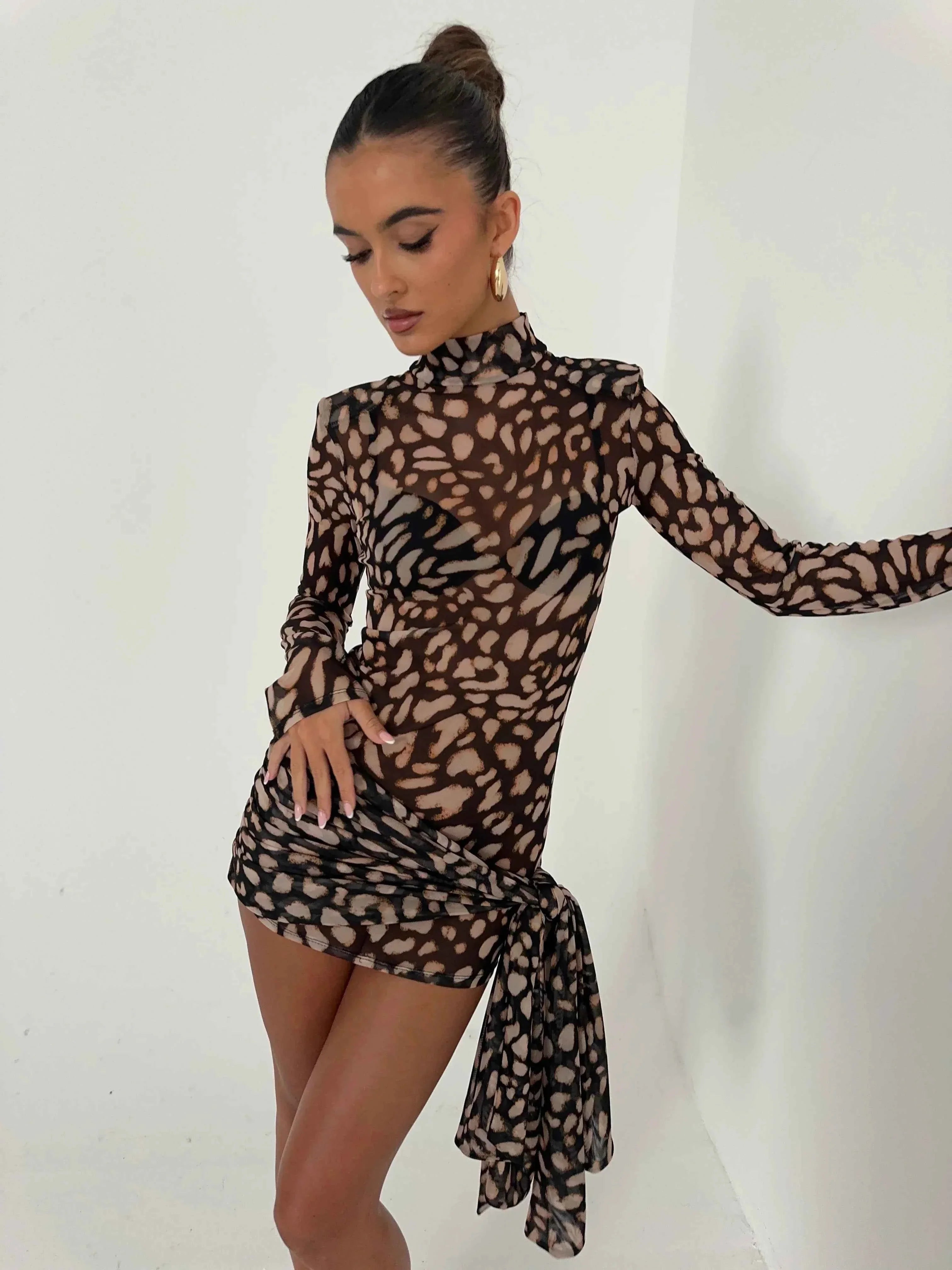 Women's Mesh Mini Party Dress with Long Sleeves