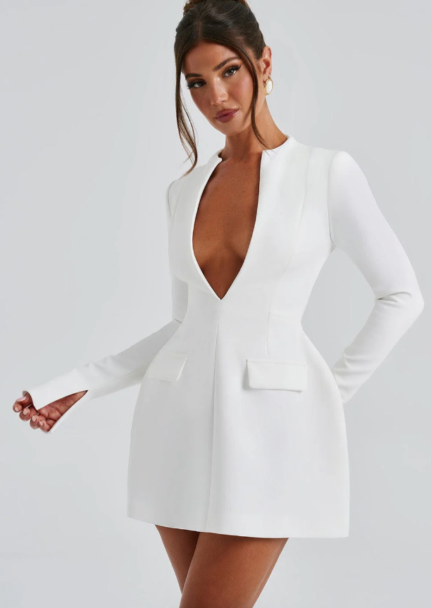 Women's Long Sleeve Deep V-neck Mini Blazer Dress