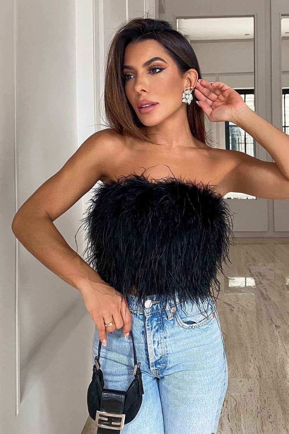 Women's Strapless Feather Festival Party Top
