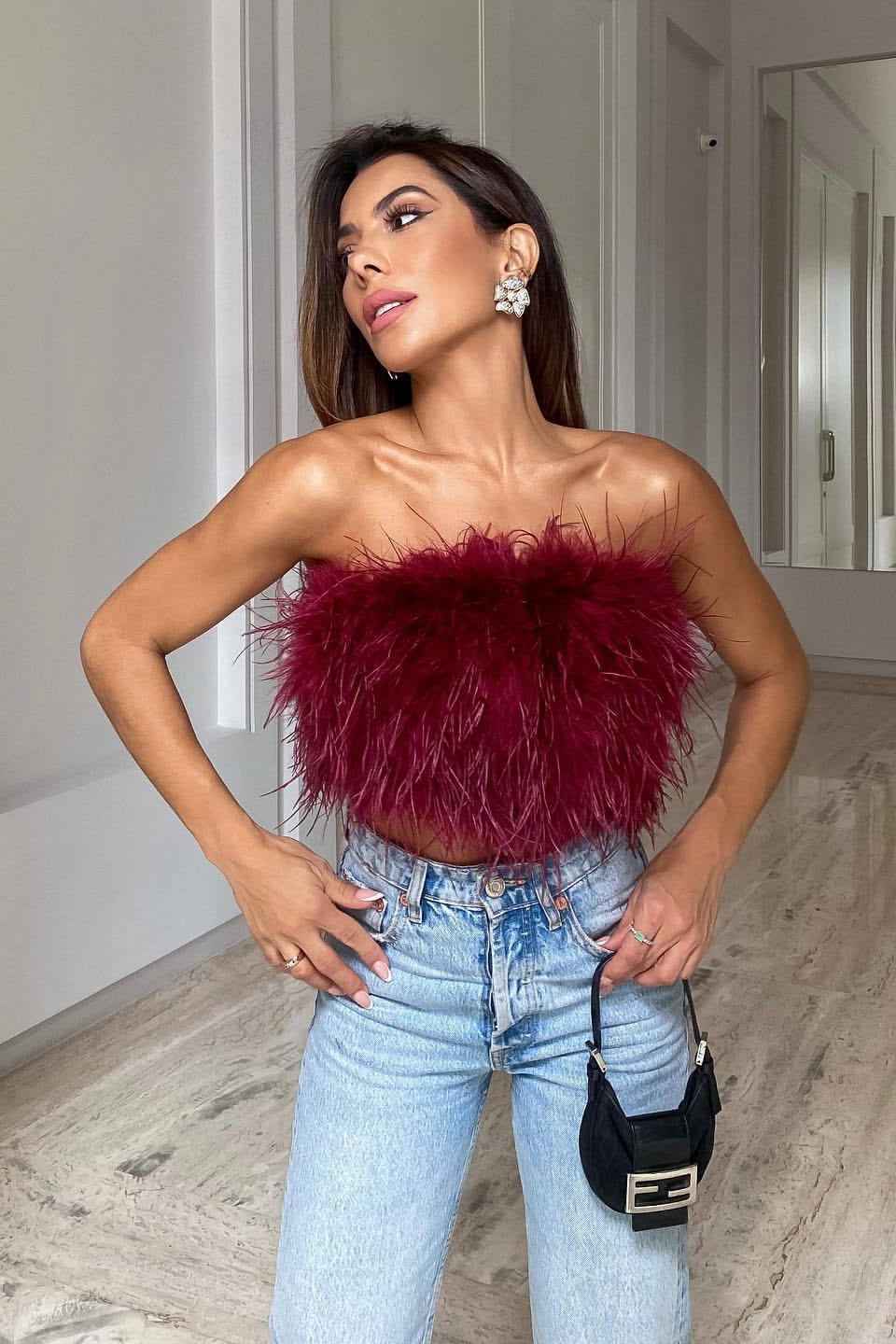 Women's Strapless Feather Festival Party Top