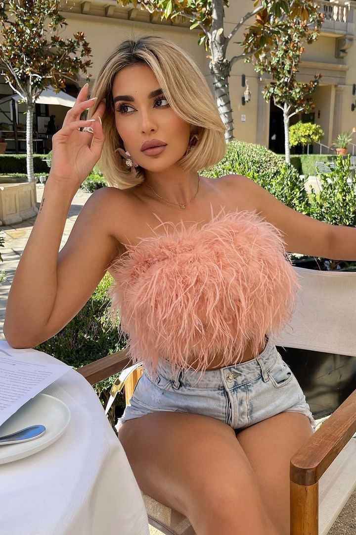 Women's Strapless Feather Festival Party Top