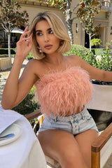 Women's Strapless Feather Festival Party Top