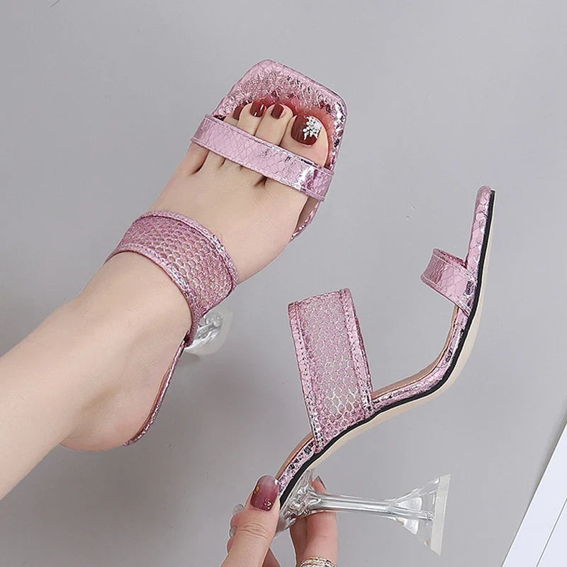 Size 45 46 Elegant Square Toe Transparent Spike Heels Pumps Mesh Slippers Summer Women Gold Sandals
