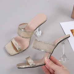 Size 45 46 Elegant Square Toe Transparent Spike Heels Pumps Mesh Slippers Summer Women Gold Sandals