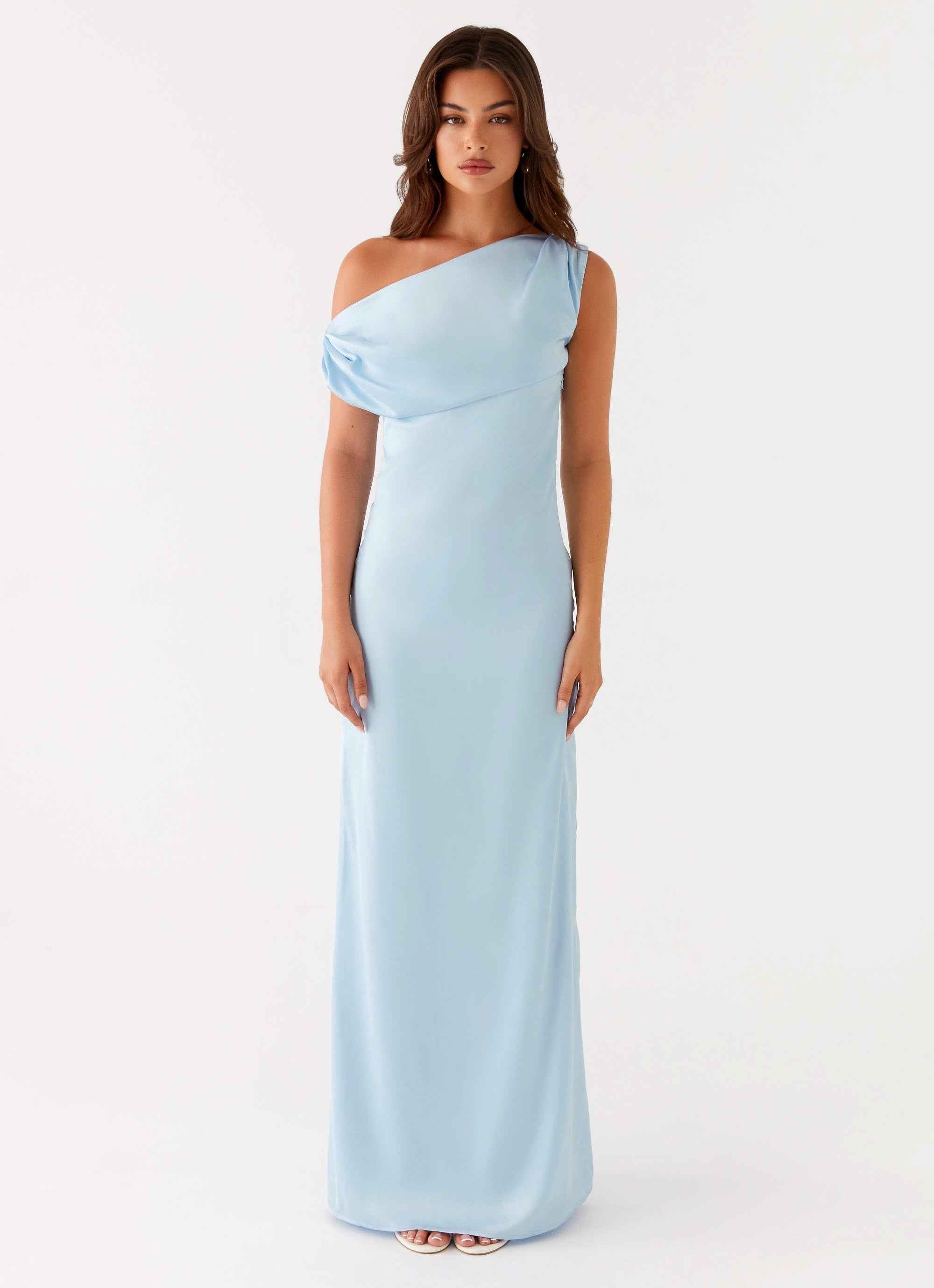 Heart of Glass Maxi Dress - Blue Satin Off-Shoulder